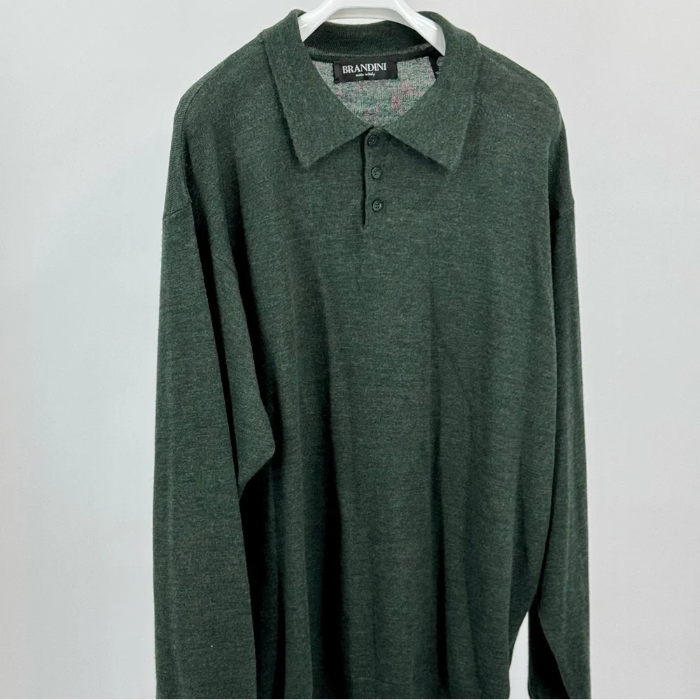 Brandini Forest Green Polo Sweater Extra Fine Merino Wool Classic Collar Size XL